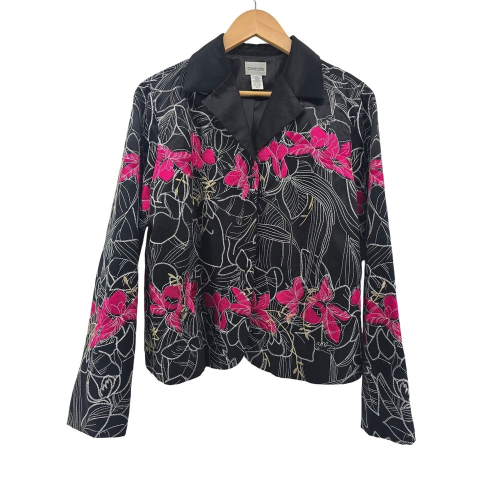 Chicos Silk Jacket Womens 2 Floral Embroidered Black Pink Satin Collar EUC